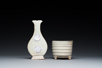 A Chinese qingbai wall pocket vase and a three-legged incense burner, Song