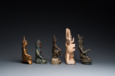 Five Asian sculptures in alabaster, bronze and brass, 19/20th C.