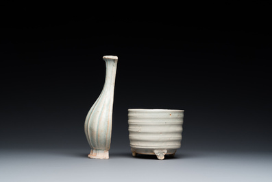 A Chinese qingbai wall pocket vase and a three-legged incense burner, Song