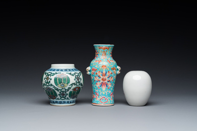 Three small Chinese doucai and famille rose vases, 19/20th C.