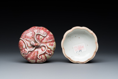A Chinese peachbloom-glazed pumpkin-shaped box and cover, 19th C.
