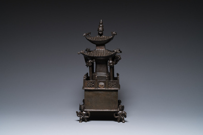 A Chinese inscribed bronze 'square pagoda' censer and cover, 17/18th C.