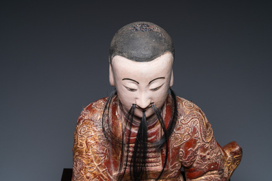 Importante sculpture de Guandi en bois dor&eacute; et polychrom&eacute;, Chine, 18&egrave;me