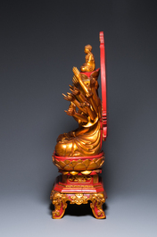 A large Vietnamese red-and-gilt-lacquered wood sculpture of Avalokitesvara with 18 arms, 19/20th C.