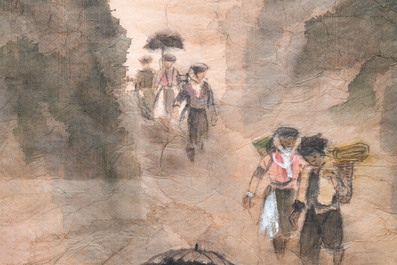 Pham Minh Duc (Vietnam, 20&egrave;me): Quatre paysages aux personnages divers, encre et couleurs sur papier