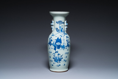 A Chinese blue and white celadon-ground vase, a pair of Nanking vases and a famille verte fish bowl, 19th C.