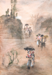 Pham Minh Duc (Vietnam, 20&egrave;me): Quatre paysages aux personnages divers, encre et couleurs sur papier