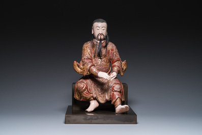 Importante sculpture de Guandi en bois dor&eacute; et polychrom&eacute;, Chine, 18&egrave;me