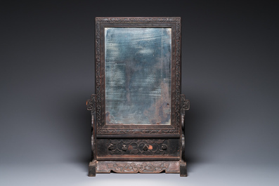 A Chinese huali box and cover, a burl wood-topped stand, a table screen mirror and a pair of Buddhist lions,  19/20th C.
