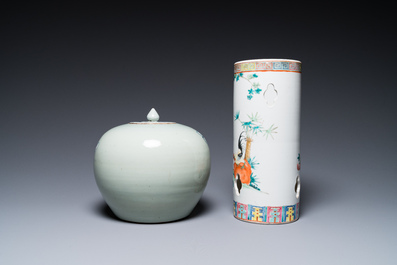 Three Chinese famille rose vases, a hat stand and a blue and white celadon-ground jar and cover, 19th C.