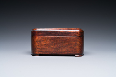 A Chinese huali box and cover, a burl wood-topped stand, a table screen mirror and a pair of Buddhist lions,  19/20th C.