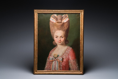 French school: Portrait of Mademoiselle de Mirabelle, oil on canvas, 18th C.