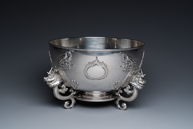 A large Chinese silver bowl resting on three dragon feet, marked for Kun He, Shanghai, 19/20th C.