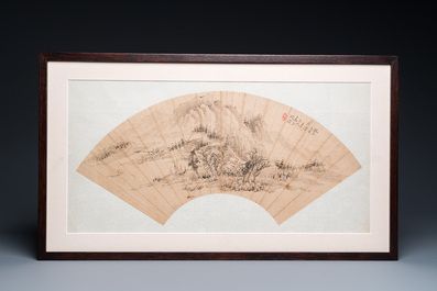 Chinese school: 'Mountainous landscape', ink on a fan leaf, dated 1883