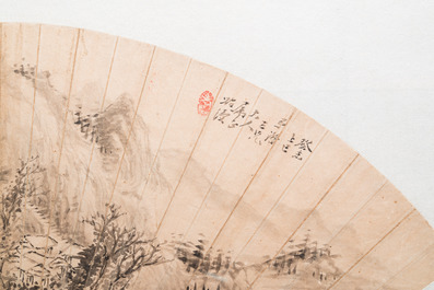 Chinese school: 'Mountainous landscape', ink on a fan leaf, dated 1883