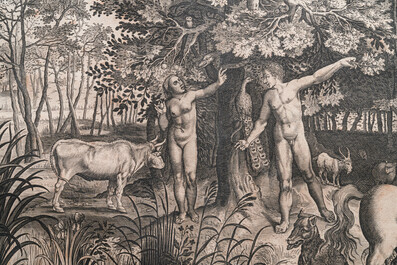 Nicolaes de Bruyn (1571-1656, d'apr&egrave;s): 'Adam et Eve tromp&eacute;s par le serpent', gravure sur papier, ca. 1652