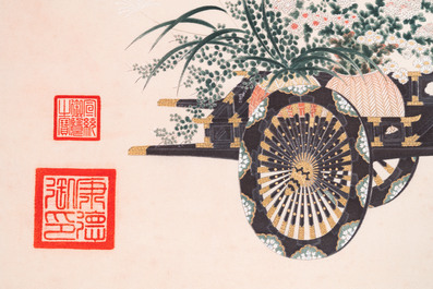 Follower of Qu Zhaolin 屈兆麟 (1866-1937): 'Three chariots with flowers', ink and colour on paper, dated 1945