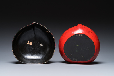 A Chinese peach-shaped painted lacquer box and cover, Qing