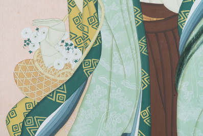Japanese school, follower of Uemura Shoen (1875-1949): 'Young woman with flower basket', Showa, 20th C.