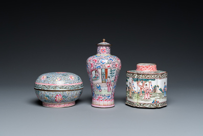 A Chinese Canton enamel covered vase, a covered bowl and a tea caddy, Qianlong