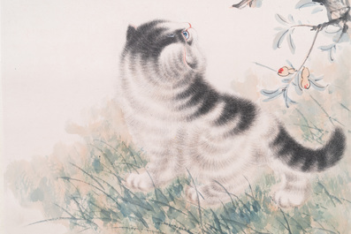 Follower of Wang Xuetao 王雪濤 (1903-1982): 'Cat and mantis', ink and colour on paper, dated 1945