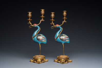 A pair of Chinese cloisonn&eacute; cranes with gilt bronze candelabra mounts, 18/19th C.