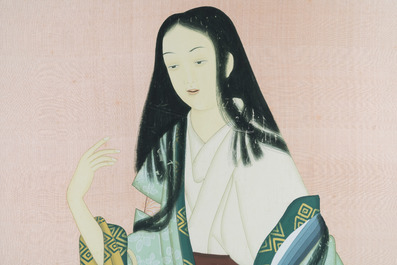 Ecole japonaise, suiveur d'Uemura Shoen (1875-1949) : 'Jeune femme au panier de fleurs', Showa, 20&egrave;me