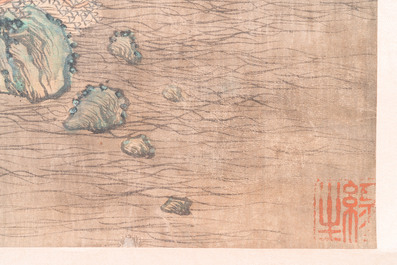 Navolger van Qiu Ying 仇英 (1494-1552): 'Berglandschap met paviljoenen', inkt en kleur op zijde, gedateerd 1545 maar wellicht later