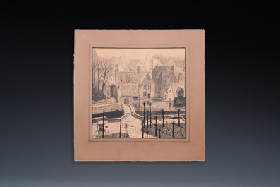 L&eacute;on De Smet (1881 &ndash; 1966): 'Zicht op de Bonifaciusbrug in Brugge', inkt en potlood op papier
