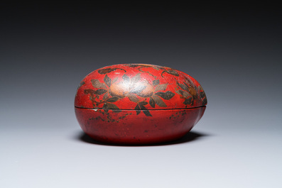 A Chinese peach-shaped painted lacquer box and cover, Qing