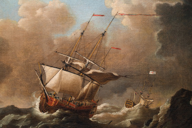 Navolger van Willem van de Velde (1633-1707): 'Marine met vier Britse schepen op zee', olie op doek