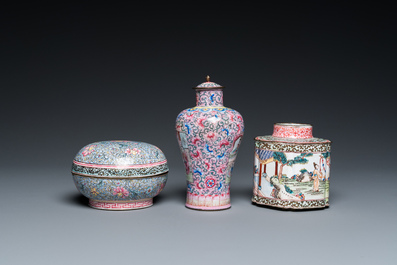 A Chinese Canton enamel covered vase, a covered bowl and a tea caddy, Qianlong