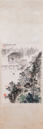 Qian Songyan 錢松嵒 (1899-1986): 'Landschap met moderne gebouwen', inkt en kleur op papier, gedateerd 1974