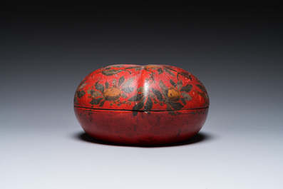 A Chinese peach-shaped painted lacquer box and cover, Qing