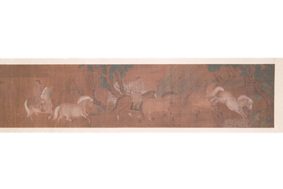 Chinese school: 'Two riders and eight horses', ink and colour on silk, probably Ming