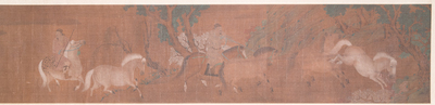 Chinese school: 'Two riders and eight horses', ink and colour on silk, probably Ming