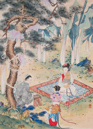 Hu Yefo 胡也佛 (1908-1980): 'Quatre sc&egrave;nes du Xi Xiang Ji', encre et couleurs sur papier