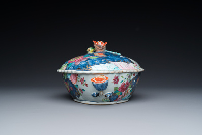 A large Chinese famille rose 'tobacco leaf' tureen and cover on stand, Qianlong