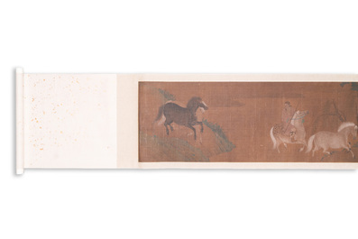 Chinese school: 'Two riders and eight horses', ink and colour on silk, probably Ming