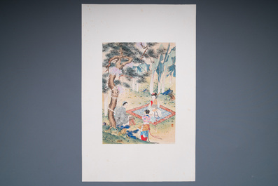 Hu Yefo 胡也佛 (1908-1980): 'Four scenes from Xi Xiang Ji', ink and colour on paper