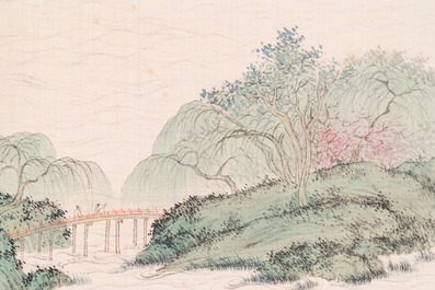Toegeschreven aan Pu Xinyu 溥心畬 (1896-1963): 'Landschap met geleerden onder een wilg', inkt en kleur op zijde