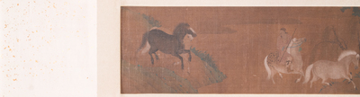 Chinese school: 'Two riders and eight horses', ink and colour on silk, probably Ming