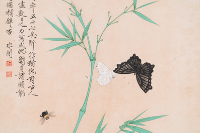 Toegeschreven aan Yu Fei'an 于非闇 (1889-1959): 'Bamboe en insecten', inkt en kleur op zijde, gedateerd 1945