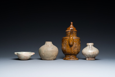 A Chinese qingbai-glazed ear cup, two celadon jarlets and a brown-glazed jug and cover, Han and later