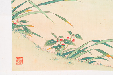 Zhao Hao 趙浩 '石佛' (1881-1949): 'Twee kwartels en insecten', inkt en kleur op zijde, gedateerd 1928