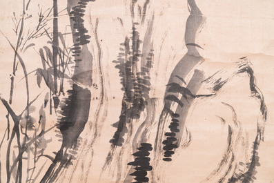 Liu Ruihua 劉瑞華 (1971): 'Ecureuils et raisins', encre et couleurs sur papier, dat&eacute; 1995 et Jiang Yunge 江雲閣: 'Bambou', encre sur soie, dat&eacute; 1949