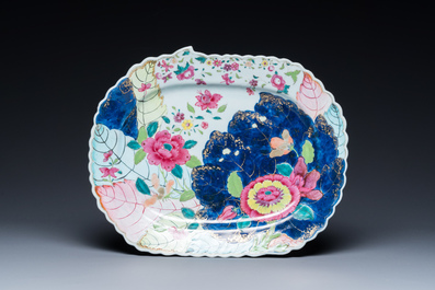 A large Chinese famille rose 'tobacco leaf' tureen and cover on stand, Qianlong