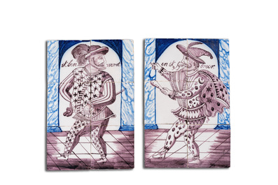 An exceptional pair of blue, white and manganese Dutch Delft tile murals depicting 'Hans Worst' and his brother, probably Rotterdam, 18th C.