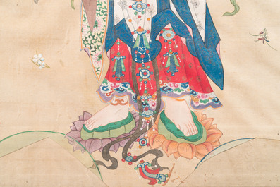 Chinese school: 'Drie boeddhistische godinnen', inkt en kleur op zijde, 18e eeuw