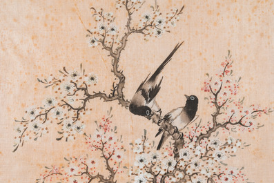 Wang Chengxun 王承勳 (19/20&egrave;me): 'Quatre oeuvres aux oiseaux', encre et couleurs sur soie, R&eacute;publique